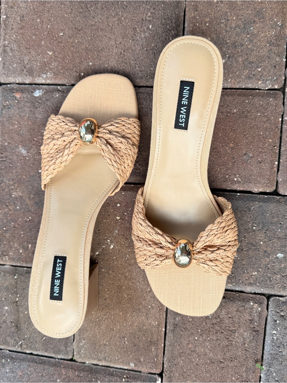 Nine West Tan Braided Slide Mules with Gold Accent